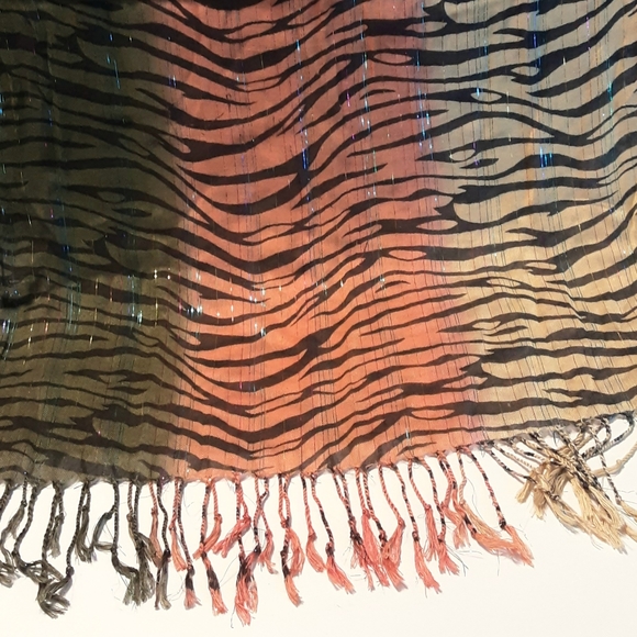 Tri-colored Tiger Striped Fashion Scarf, Green Orange Gold Fringed - Picture 8 of 8